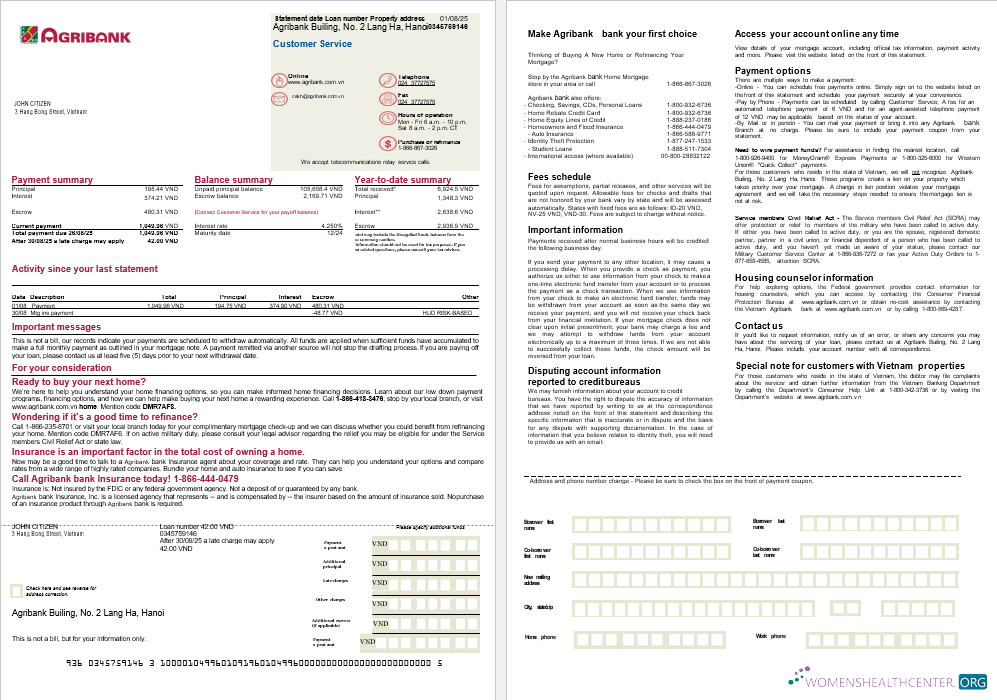 Download Vietnam Agribank bank mortgage statement in Word and PDF formats, 2 pages Photoshop template